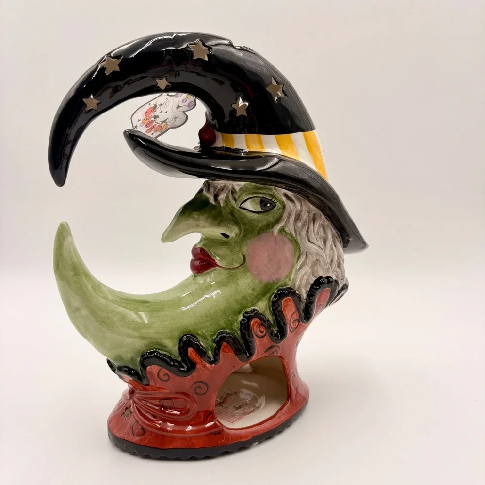 Blue Sky Halloween Crescent Moon Witch Ceramic Tea Light Holder New